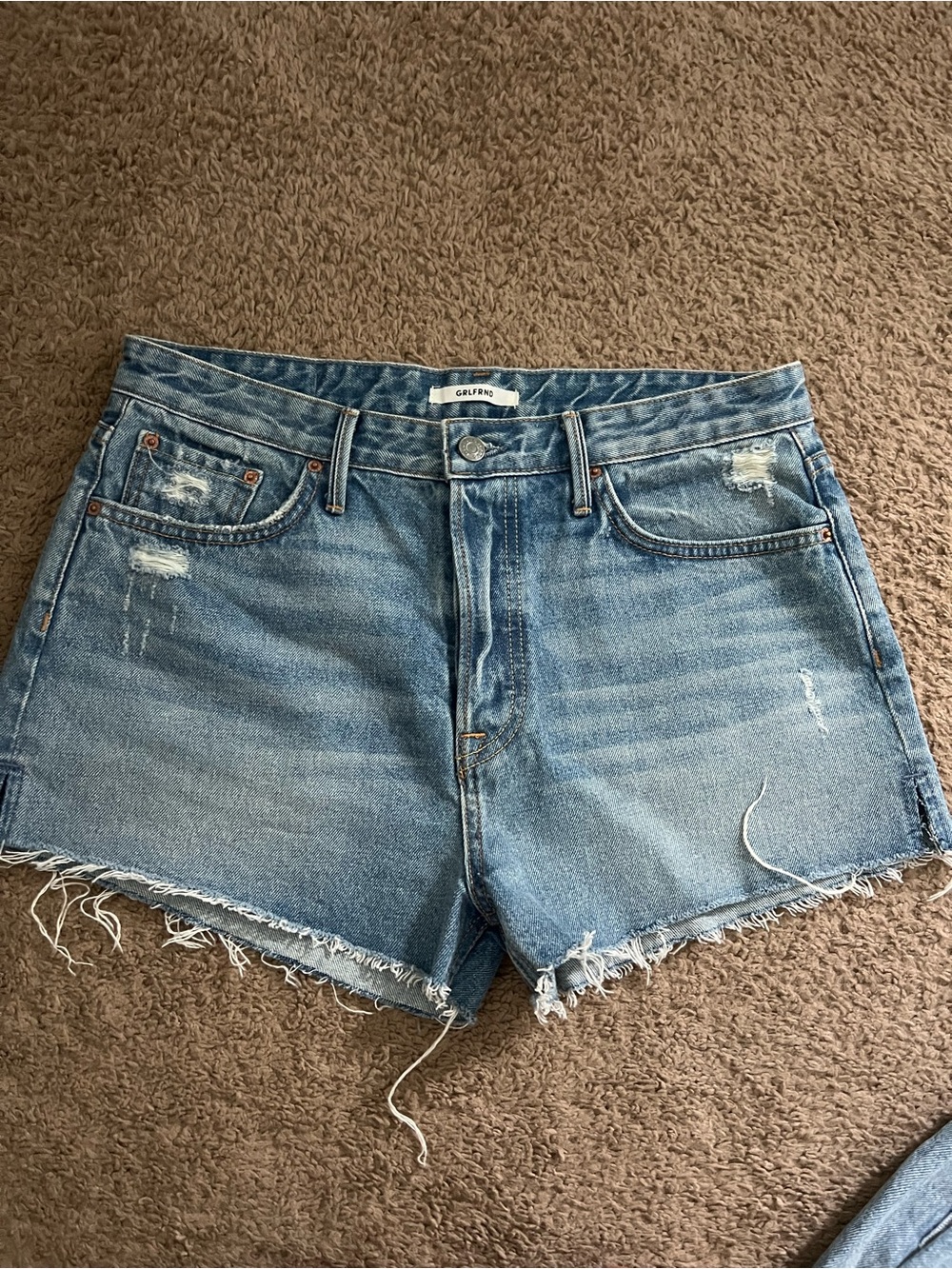 GRLFRND Distressed Light Blue Denim Shorts